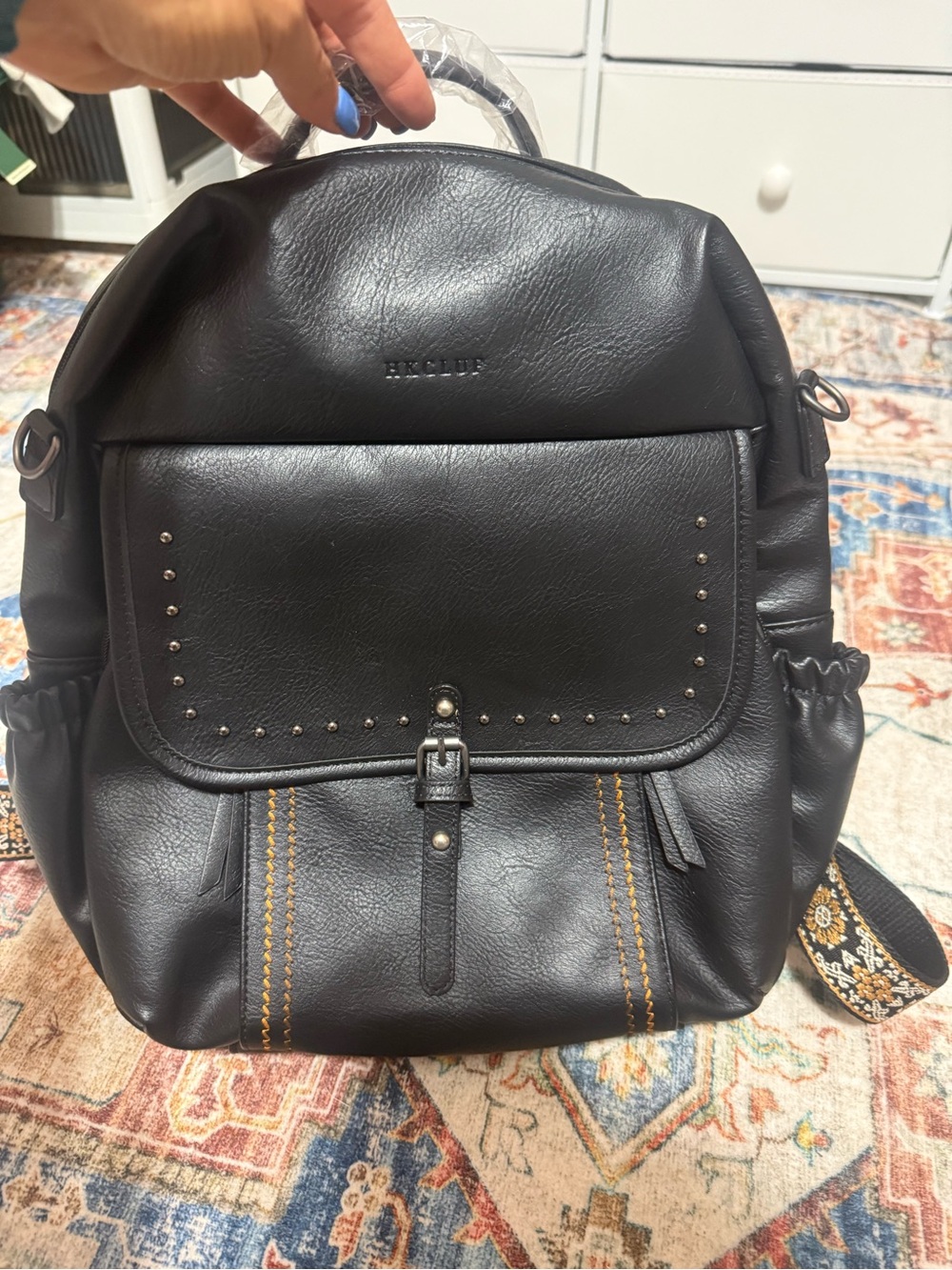 Black Leather Backpack with Studded Front Pocket